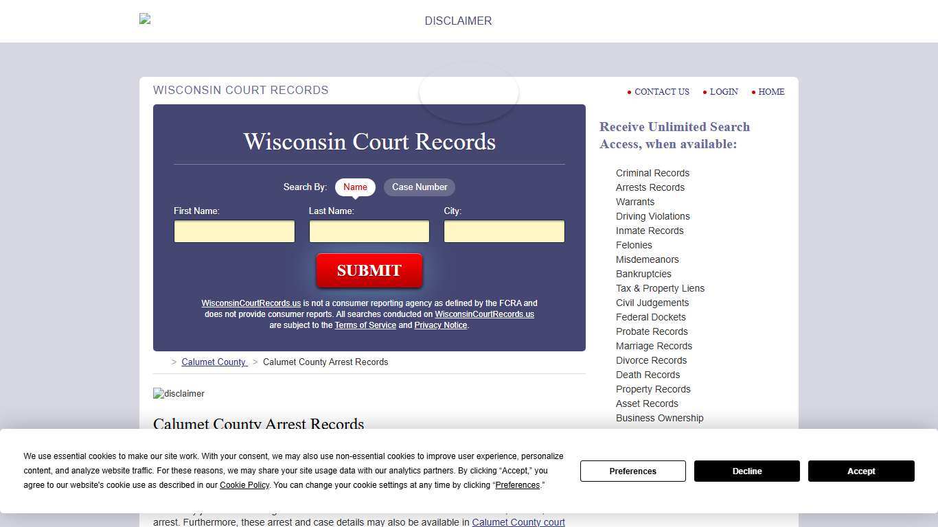 Calumet County Arrest Records WisconsinCourtRecords.us